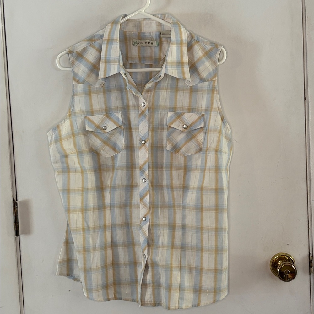 Roper blue tan white metallic plaid short sleeve western button down shirt Sz XL
